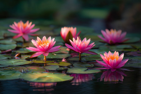 Five vividly colored pink water lilies bloom gracefully on a peaceful pond. Sunlight reflects off their petals, creating a tranquil scene in a natural setting.の素材