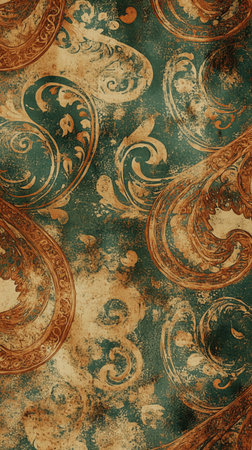 Intricate design features swirling shapes and earthy tones on a rich teal backdrop. The textured surface displays a blend of vintage charm and artistic flair.の素材
