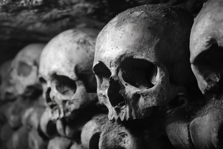Rows of weathered skulls are positioned closely together within a shadowy burial chamber, highlighting the remnants of human history and lost cultures.の素材