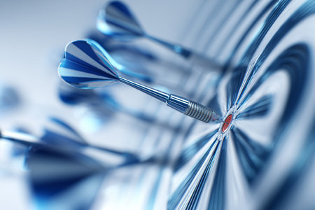 Multiple blue-tipped darts successfully strike the bullseye on a dartboard, showcasing accuracy and precision in a game setting, emphasizing focus and competitive spirit.. Details matter.の素材