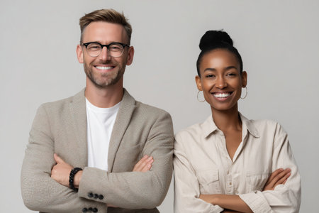 Two friends stand side by side, smiling broadly with arms crossed. They are dressed casually and showcase a friendly, upbeat attitude in a well-lit environment.の素材