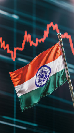 An Indian flag stands tall in the foreground, while a stock market graph with fluctuating lines appears in the background, symbolizing financial activity and economic trends.の素材