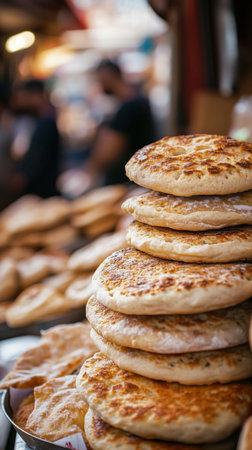Piles of golden-brown bread sit stacked at a vibrant market. People browse nearby stalls, creating a lively atmosphere on a sunny autumn day.の素材