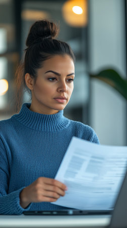 A woman with glasses sits at a table and examines papers in front of her laptop. She looks concentrated, surrounded by natural light and indoor plants.. Details matter.の素材