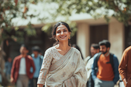A woman dressed in a beautiful traditional outfit walks confidently through a lively campus. She smiles warmly while friends chat and stroll in the background on a sunny day.の素材