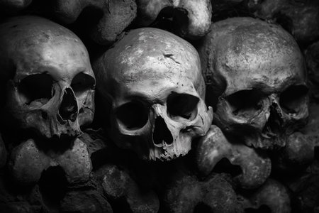 Rows of weathered skulls are positioned closely together within a shadowy burial chamber, highlighting the remnants of human history and lost cultures.. Details matter.の素材