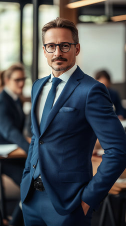 A man in a blue suit stands confidently in a spacious office filled with colleagues. He exudes professionalism while a discussion takes place in the background.. Details matter.の素材