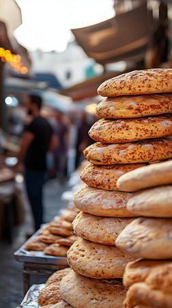 Piles of golden-brown bread sit stacked at a vibrant market. People browse nearby stalls, creating a lively atmosphere on a sunny autumn day.. Details matter.の素材