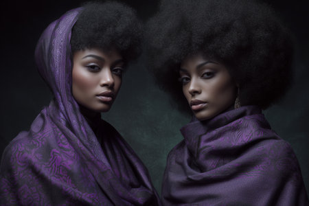 Two women stand closely together, each wearing deep purple wraps around their shoulders and heads, emphasizing their natural, voluminous hair in a dramatic, low-light atmosphere.の素材
