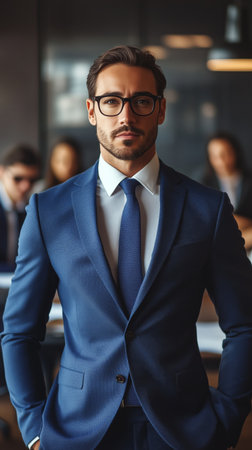 A well-dressed man wearing glasses and a blue suit poses confidently in a stylish office. Colleagues can be seen working in the background during a productive day.. Details matter.の素材