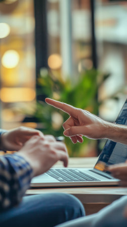 Two people are engaged in a discussion, with one pointing at the laptop screen. The setting features warm lighting and greenery, creating a relaxed and inviting atmosphere for work.. Details matter.の素材