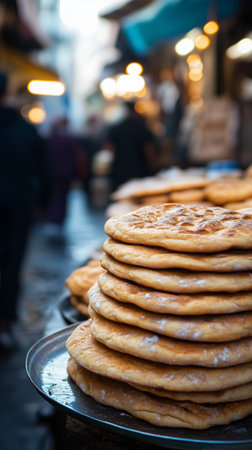 Warm flatbreads are neatly stacked on a metal tray in a busy street market. The scene is lively with blurred figures and soft lights creating a cozy evening atmosphere.の素材