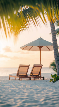 Two wooden lounge chairs sit on the soft sand under a large umbrella as the sun sets over the calm ocean, creating a peaceful and serene atmosphere.の素材