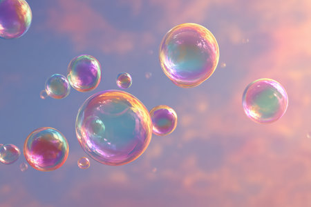 Colorful soap bubbles drift gracefully in a clear sky during sunset. The evening light creates a magical atmosphere as the bubbles reflect shades of pink, blue, and gold.の素材