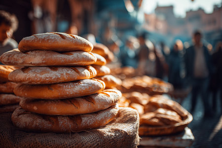 Stacks of warm, crusty bread sits in a bustling market. Shoppers explore the area, creating a lively atmosphere filled with aromas and chatter.の素材