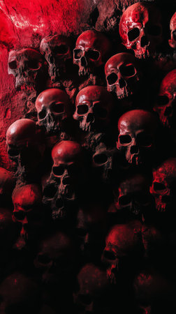 A collection of skulls is arranged on the stone walls of a dimly lit chamber. The red light casts eerie shadows, enhancing the macabre setting, creating a chilling ambiance.. Details matter.の素材