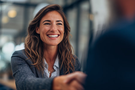 A woman with long brown hair smiles and shakes hands with a person across from her in a well-lit office setting.の素材