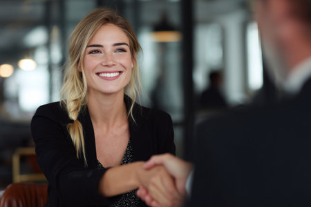 A woman with long hair smiles as she shakes hands with a man in a contemporary office. The atmosphere appears professional and welcoming, promoting a positive interaction.の素材