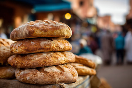 Stacks of warm, crusty bread sits in a bustling market. Shoppers explore the area, creating a lively atmosphere filled with aromas and chatter.. Details matter.の素材