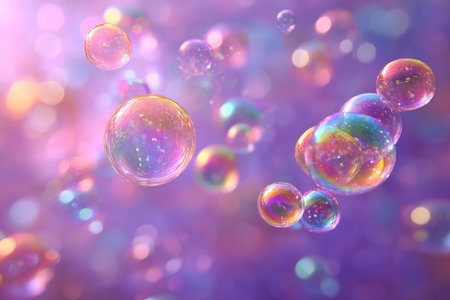 Bright soap bubbles drift gracefully through a soft purple and pink background. The light catches the bubbles, creating a magical and dreamy effect that captivates the viewer.の素材