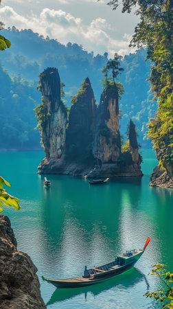 Two boats glide across turquoise water surrounded by majestic mountains and rocky outcrops, creating a peaceful and scenic atmosphere in nature.の素材