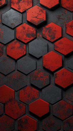 Textured wall design featuring a striking pattern of red and black hexagons. The uneven surface gives depth and character, creating an industrial feel in the space.の素材