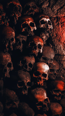 Multiple skulls are arranged closely together against a red and black backdrop. The display creates a haunting atmosphere, emphasizing a theme of mortality and darkness.. Details matter.の素材