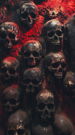Multiple skulls are arranged closely together against a red and black backdrop. The display creates a haunting atmosphere, emphasizing a theme of mortality and darkness.の素材