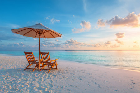 Two wooden beach chairs sit side by side under a large umbrella on soft sand, with the sun setting over calm ocean waves in the background.. Details matter.の素材