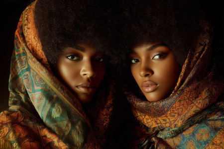 Two women showcase their beautiful natural hairstyles and vibrant scarves, posing side by side against a dark background in a professional studio.. Details matter.の素材