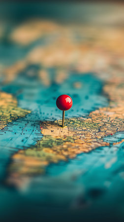 Bright red pins are placed on a world map, highlighting specific locations. This setup suggests planning and exploration for exciting journeys in the near future.. Details matter.の素材