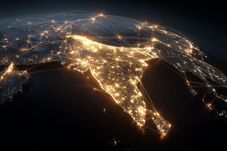 Numerous lights twinkle across the Indian subcontinent at night, showcasing vibrant urban areas and interconnected regions. This scene highlights the country's growth and connectivity.の素材