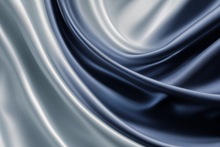 Silky fabric drapes gracefully in soft folds, revealing a blend of silver and dark blue hues under soft afternoon light. The smooth texture creates a luxurious and inviting feel.の素材