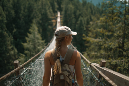 A woman with long hair in a braid walks confidently on a suspension bridge surrounded by tall trees and mountains. It is a bright, clear day, perfect for outdoor exploration.の素材