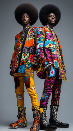 Two male models pose confidently in bold, colorful outfits featuring intricate patterns. Their large afro hairstyles complement the vibrant fabrics, creating a captivating visual impact.の素材