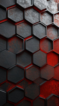 Black and red hexagonal tiles form a striking modern wall design. The surfaces exhibit a mix of smooth and rough textures, creating visual interest in an indoor space.の素材