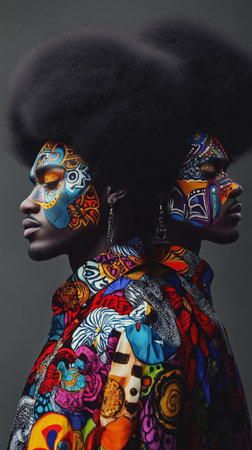 Two men stand side by side, displaying colorful shirts featuring bold patterns. The studio ambiance highlights their unique hairstyles and the artistic design of their outfits.. Details matter.の素材