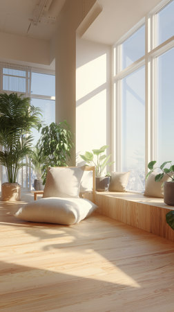 Natural light floods a spacious room filled with greenery. Soft cushions are placed by large windows, creating a serene space in a contemporary urban setting.の素材