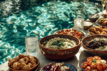 Colorful local dishes arranged beautifully on a table beside a clear swimming pool. Fresh ingredients and vibrant flavors highlight a joyful dining experience in nature.の素材