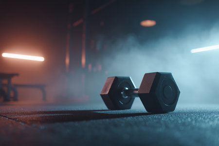 A single dumbbell sits on the gym floor surrounded by mist. Soft lights create a moody atmosphere, emphasizing the equipment in a fitness center during a nighttime workout session.の素材