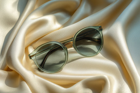 Green sunglasses sit elegantly on a smooth cream-colored surface. The gentle lighting highlights the soft texture of the fabric, creating a serene atmosphere.の素材