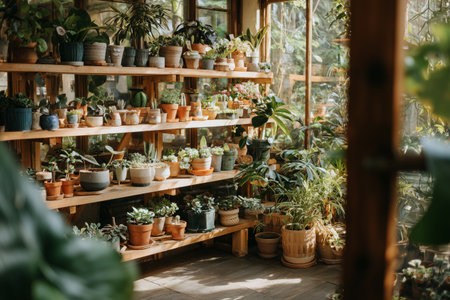 Shelves filled with numerous potted plants create a vibrant atmosphere in a bright greenhouse. Sunlight streams in, enhancing the colors of the foliage and pots.の素材