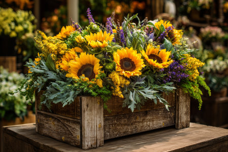 A charming arrangement of vibrant sunflowers and various colorful flowers is showcased in a rustic wooden crate. The scene is set in an outdoor area filled with greenery under sunlight.の素材