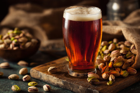 A glass of dark amber beer sits on a wooden board surrounded by scattered pistachios. The cozy ambiance is enhanced by soft lighting in the background.の素材