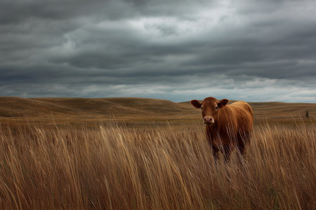 A brown cow stands in a field of tall grass with a dramatic sky overhead. The landscape features rolling hills and dark clouds, creating a serene yet moody atmosphere.の素材
