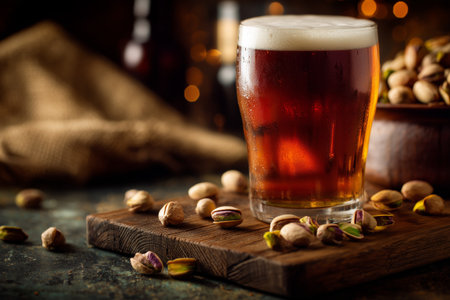 A glass of amber beer sits on a wooden board next to a mound of pistachios. The warm lighting creates a cozy atmosphere perfect for relaxation or socializing.の素材