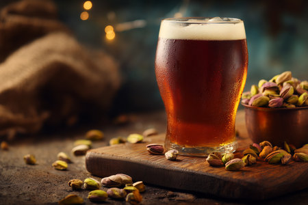 A glass of dark amber beer sits on a wooden board surrounded by scattered pistachios. The cozy ambiance is enhanced by soft lighting in the background.の素材