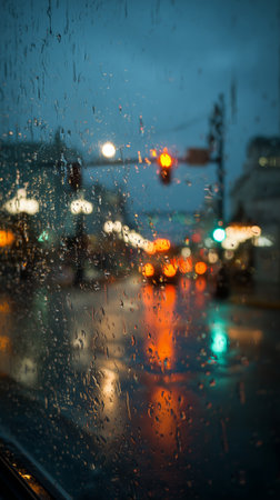 Raindrops cover a window as colorful lights from cars and streetlamps illuminate a busy city street at dusk. The scene captures a vibrant urban atmosphere.の素材