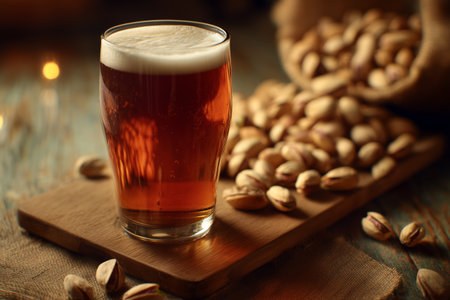 A glass of amber beer sits on a wooden board next to a mound of pistachios. The warm lighting creates a cozy atmosphere perfect for relaxation or socializing.の素材