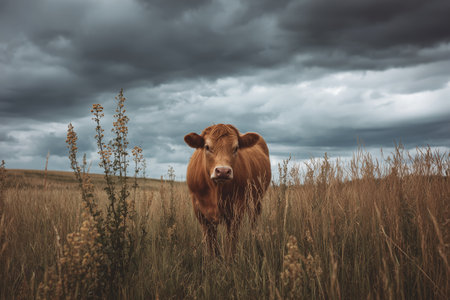 A brown cow stands in a field of tall grass with a dramatic sky overhead. The landscape features rolling hills and dark clouds, creating a serene yet moody atmosphere.の素材